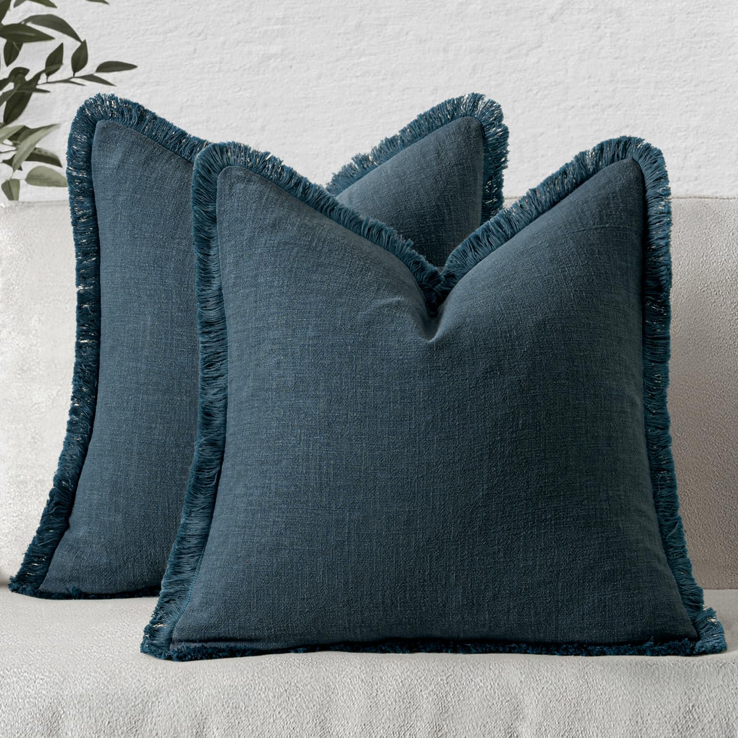 MIULEE Decorative Throw Pillow Covers Neutral Linen Fringe Throw Pillows Set of 2 Olive Green Boho Farmhouse Cushion Covers with Tassels for Couch Sofa Bed Living Room Spring Home Decor 20x20 Inch