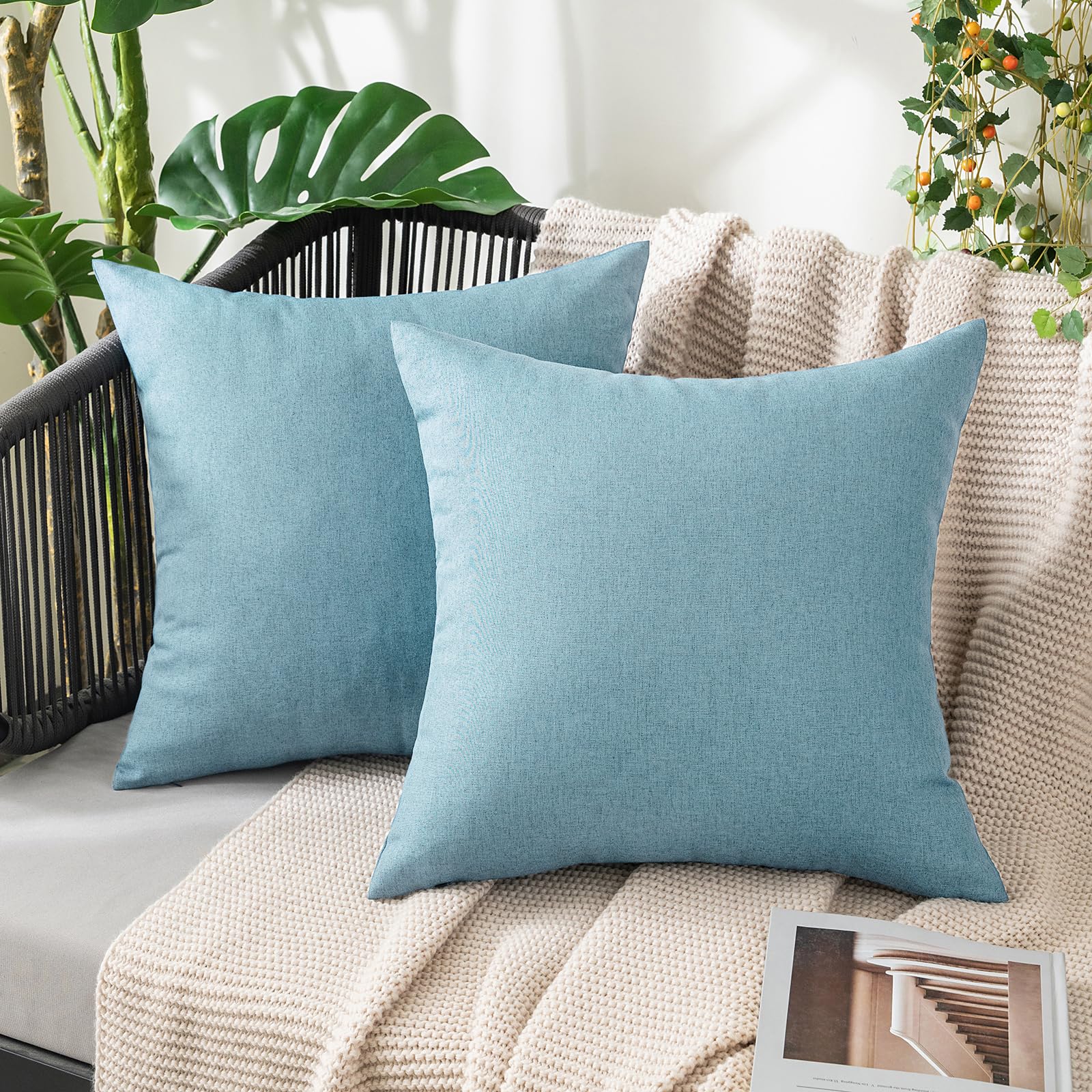 MIULEE Pack of 2 Decorative Outdoor Solid Waterproof Throw Pillow Covers Faux Linen Garden Farmhouse Cushion Cases for Summer Patio Tent Balcony Couch Sofa 18x18 Inch Navy