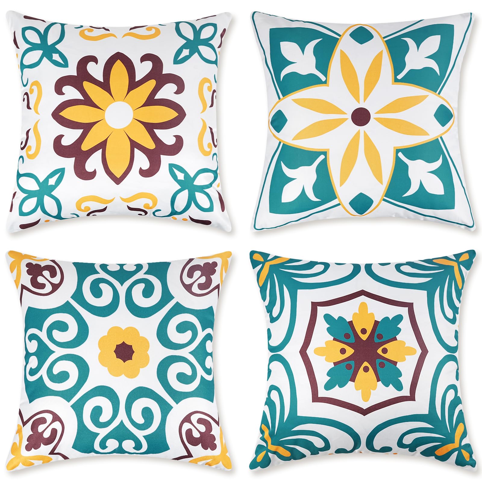 Pyonic Outdoor Waterproof Throw Pillow Covers Set of 4 Floral Printed and Boho Farmhouse Summer Outdoor Pillow Covers for Patio Funiture Garden 18x18 Inch Blue