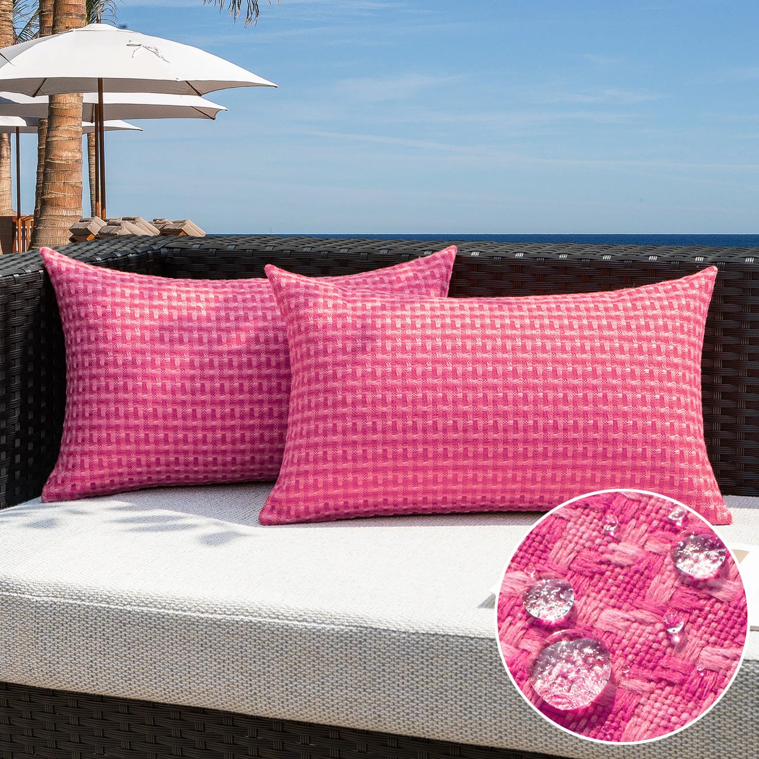 Kevin Textile Outdoor Waterproof Throw Pillow Covers Pack of 2 Weaving Texture Water Resistant Outside Decorative Cushion Covers for Garden Patio Tent Balcony Bench Couch Sofa 18x18 Inch, Navy Blue