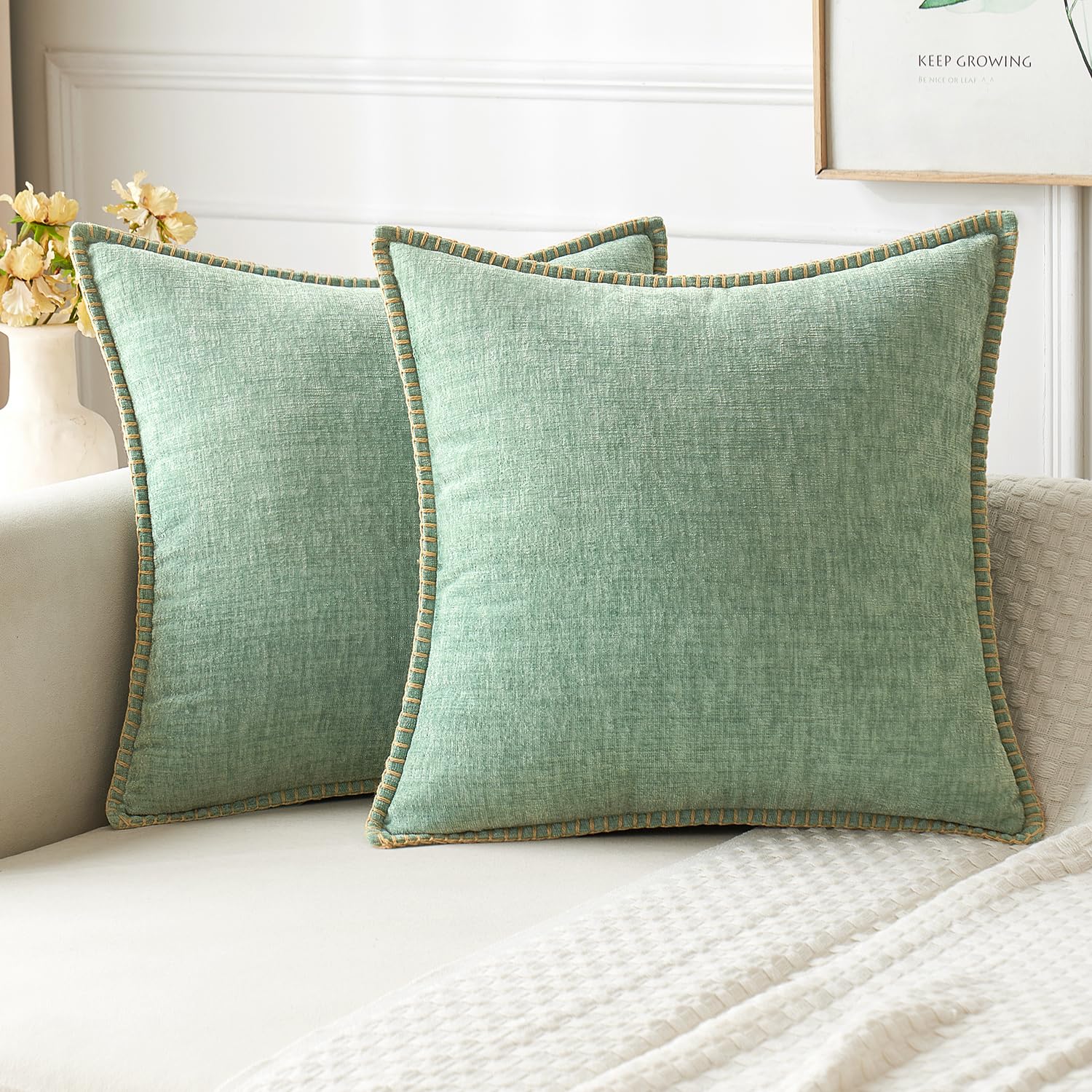 MIULEE Pack of 2 Couch Throw Pillow Covers 18x18 Inch Sage Green Farmhouse Decorative Pillow Covers with Stitched Edge Soft Chenille Solid Dyed Summer Pillow Covers for Sofa Bed Living Room