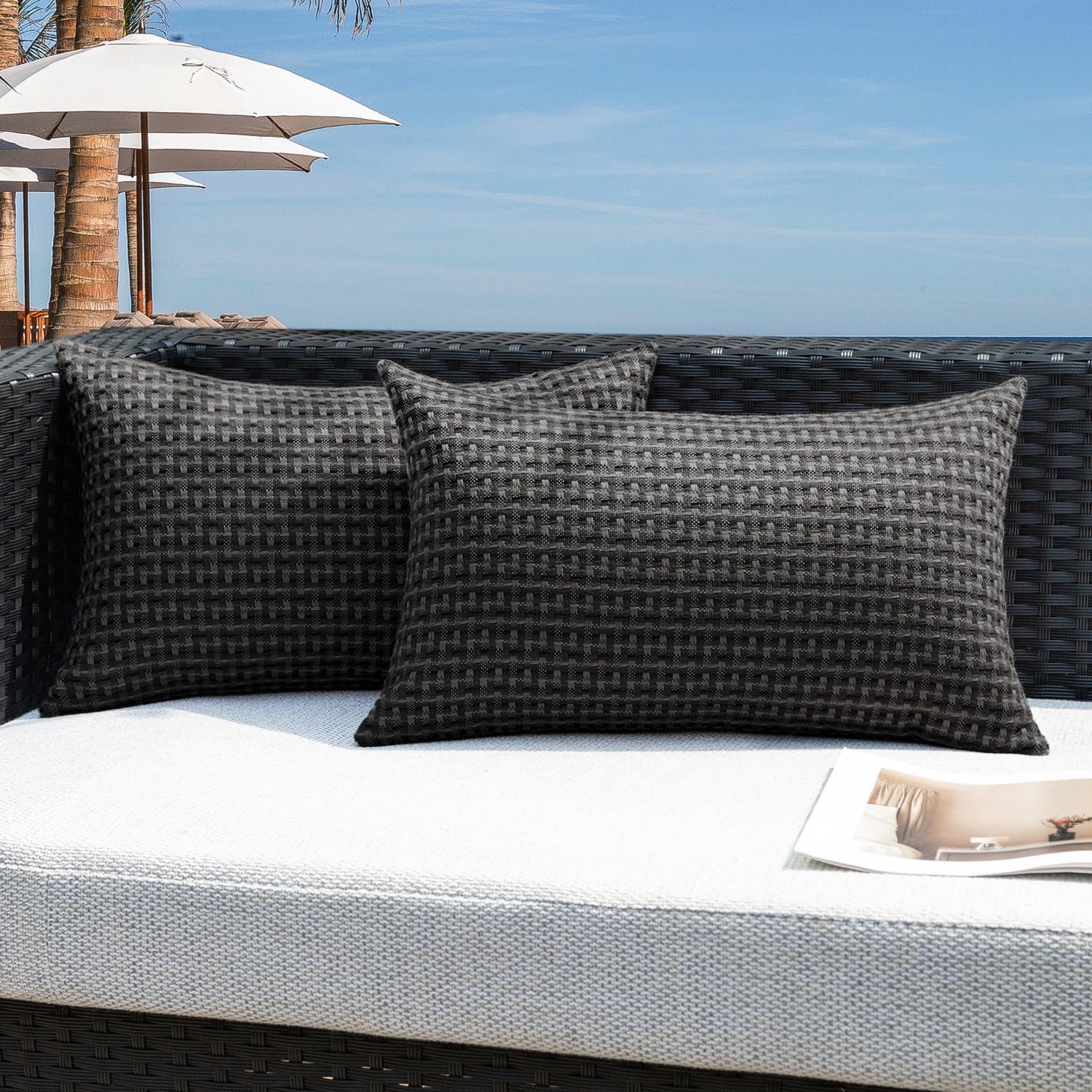 Kevin Textile Outdoor Waterproof Throw Pillow Covers Pack of 2 Weaving Texture Water Resistant Outside Decorative Cushion Covers for Garden Patio Tent Balcony Bench Couch Sofa 18x18 Inch, Navy Blue