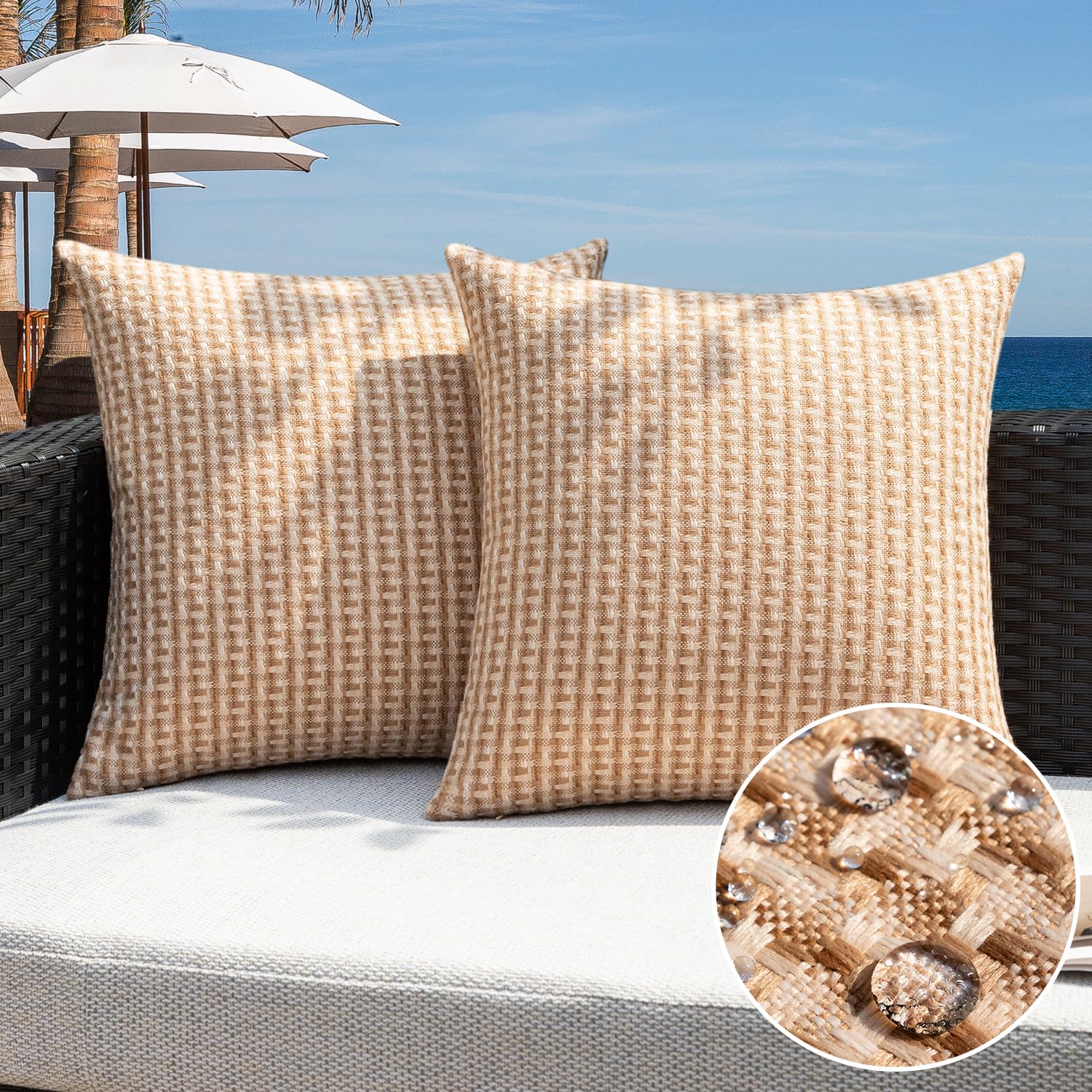 Kevin Textile Outdoor Waterproof Throw Pillow Covers Pack of 2 Weaving Texture Water Resistant Outside Decorative Cushion Covers for Garden Patio Tent Balcony Bench Couch Sofa 18x18 Inch, Navy Blue