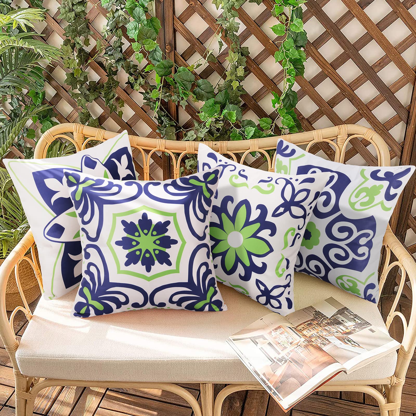 Pyonic Outdoor Waterproof Throw Pillow Covers Set of 4 Floral Printed and Boho Farmhouse Summer Outdoor Pillow Covers for Patio Funiture Garden 18x18 Inch Blue