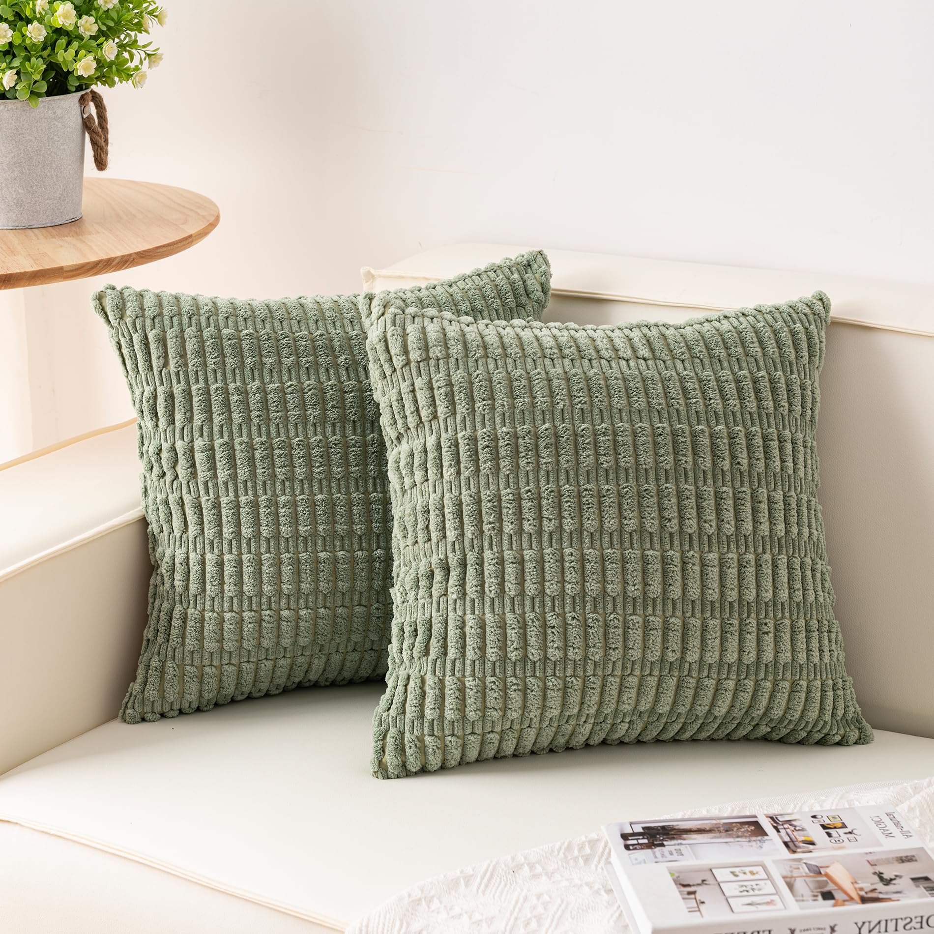 Aegero Pack of 2 Corduroy Decorative Throw Pillow Covers 18x18 Inch Soft Striped Pillow Covers Modern Farmhouse Home Decor for Sofa Living Room Couch Bed(Cream White)