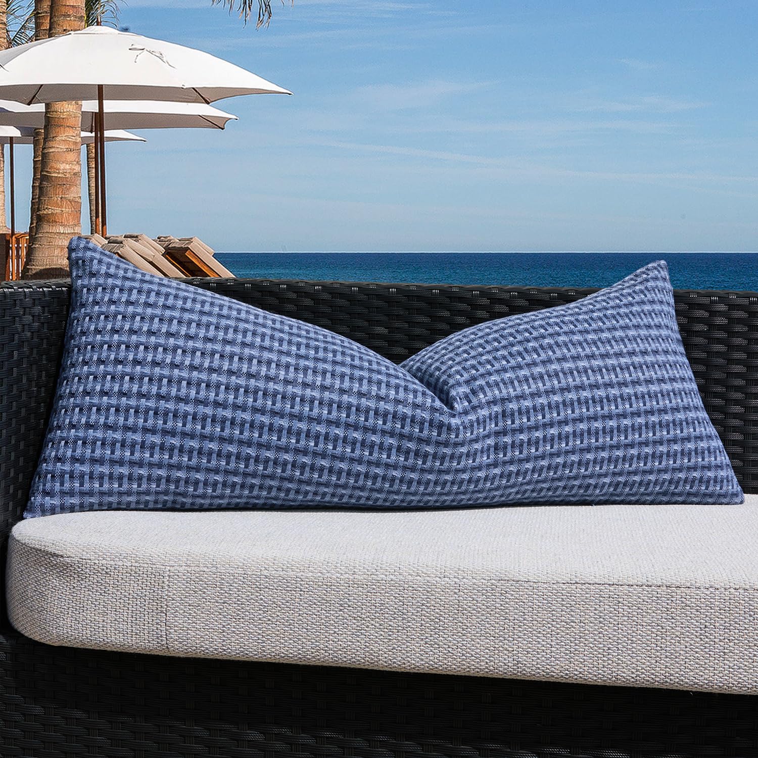 Kevin Textile Outdoor Waterproof Throw Pillow Covers Pack of 2 Weaving Texture Water Resistant Outside Decorative Cushion Covers for Garden Patio Tent Balcony Bench Couch Sofa 18x18 Inch, Navy Blue