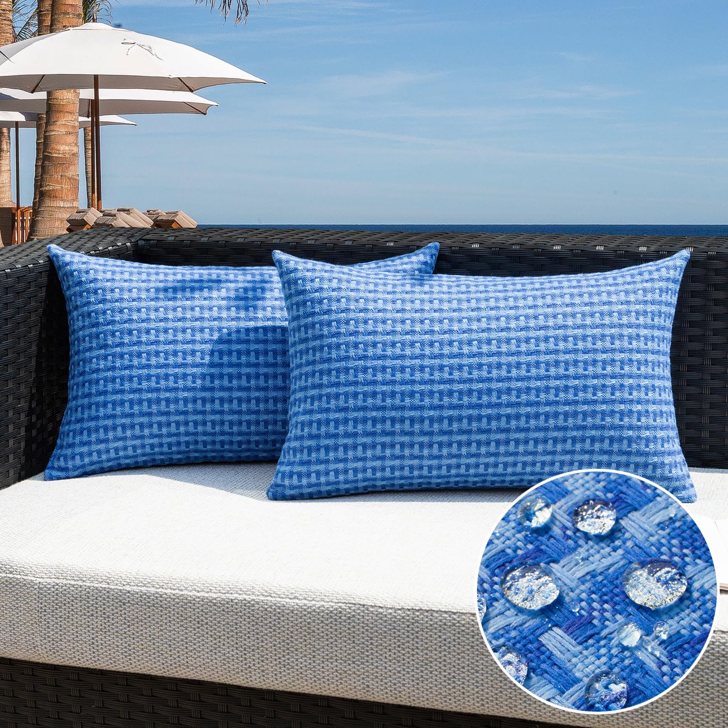 Kevin Textile Outdoor Waterproof Throw Pillow Covers Pack of 2 Weaving Texture Water Resistant Outside Decorative Cushion Covers for Garden Patio Tent Balcony Bench Couch Sofa 18x18 Inch, Navy Blue