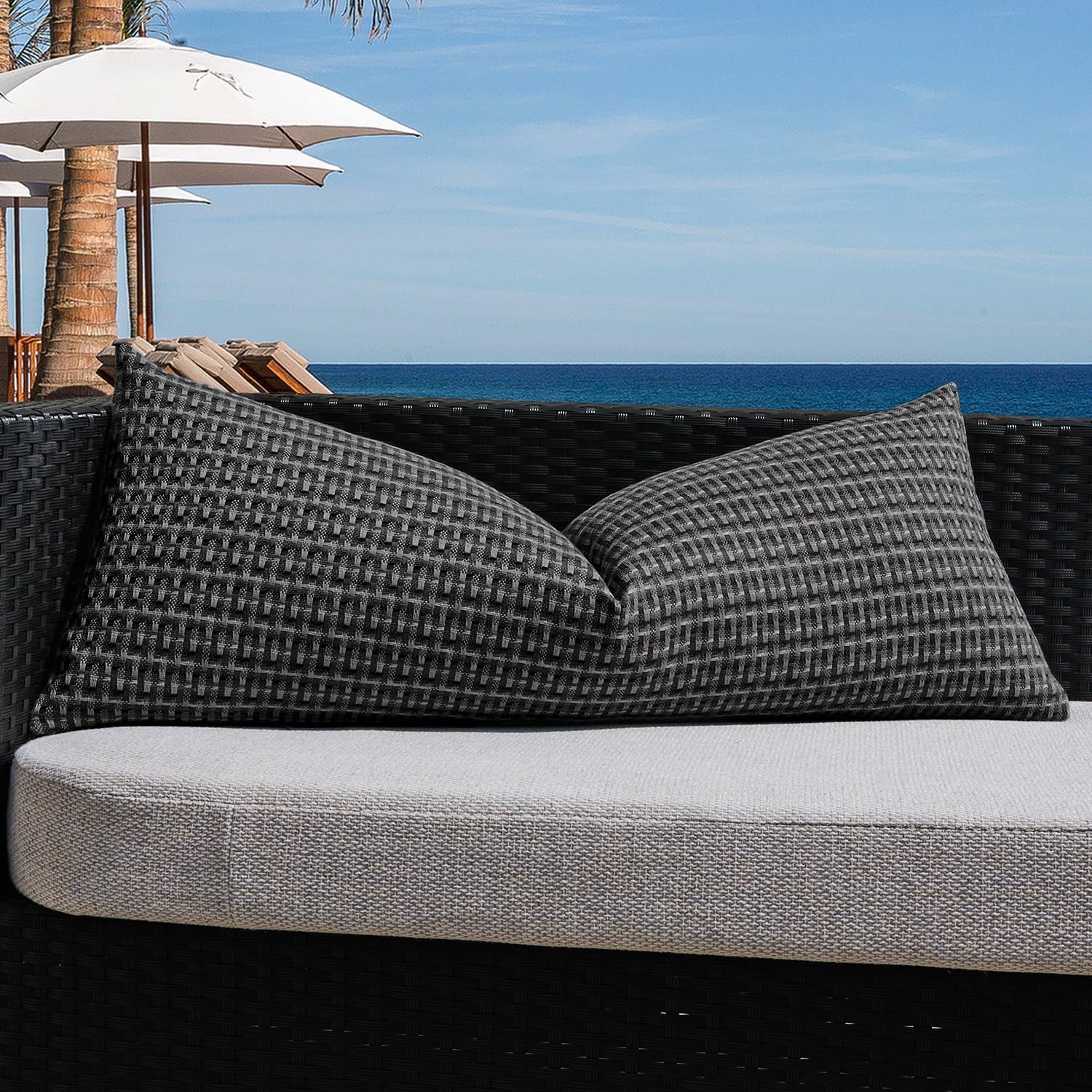 Kevin Textile Outdoor Waterproof Throw Pillow Covers Pack of 2 Weaving Texture Water Resistant Outside Decorative Cushion Covers for Garden Patio Tent Balcony Bench Couch Sofa 18x18 Inch, Navy Blue