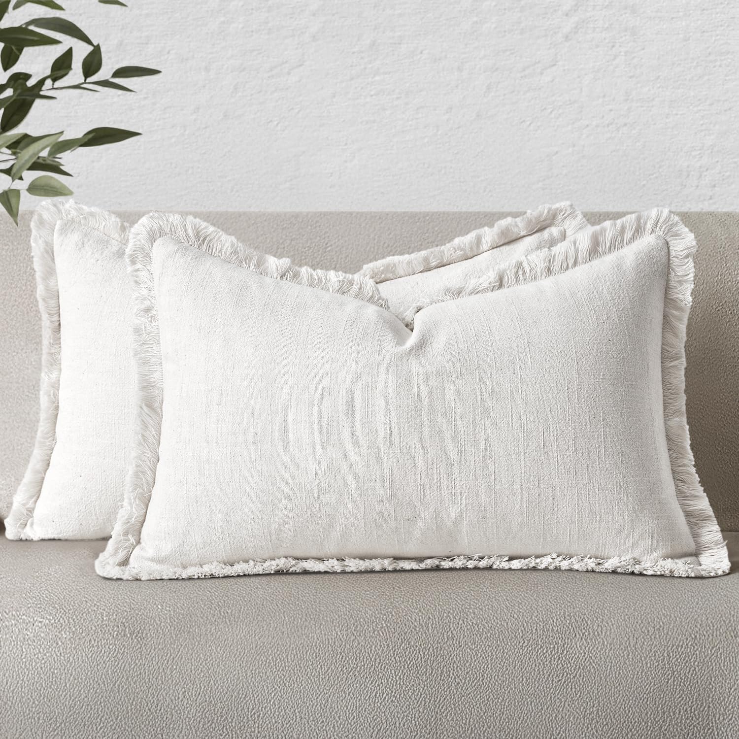 MIULEE Decorative Throw Pillow Covers Neutral Linen Fringe Throw Pillows Set of 2 Olive Green Boho Farmhouse Cushion Covers with Tassels for Couch Sofa Bed Living Room Spring Home Decor 20x20 Inch