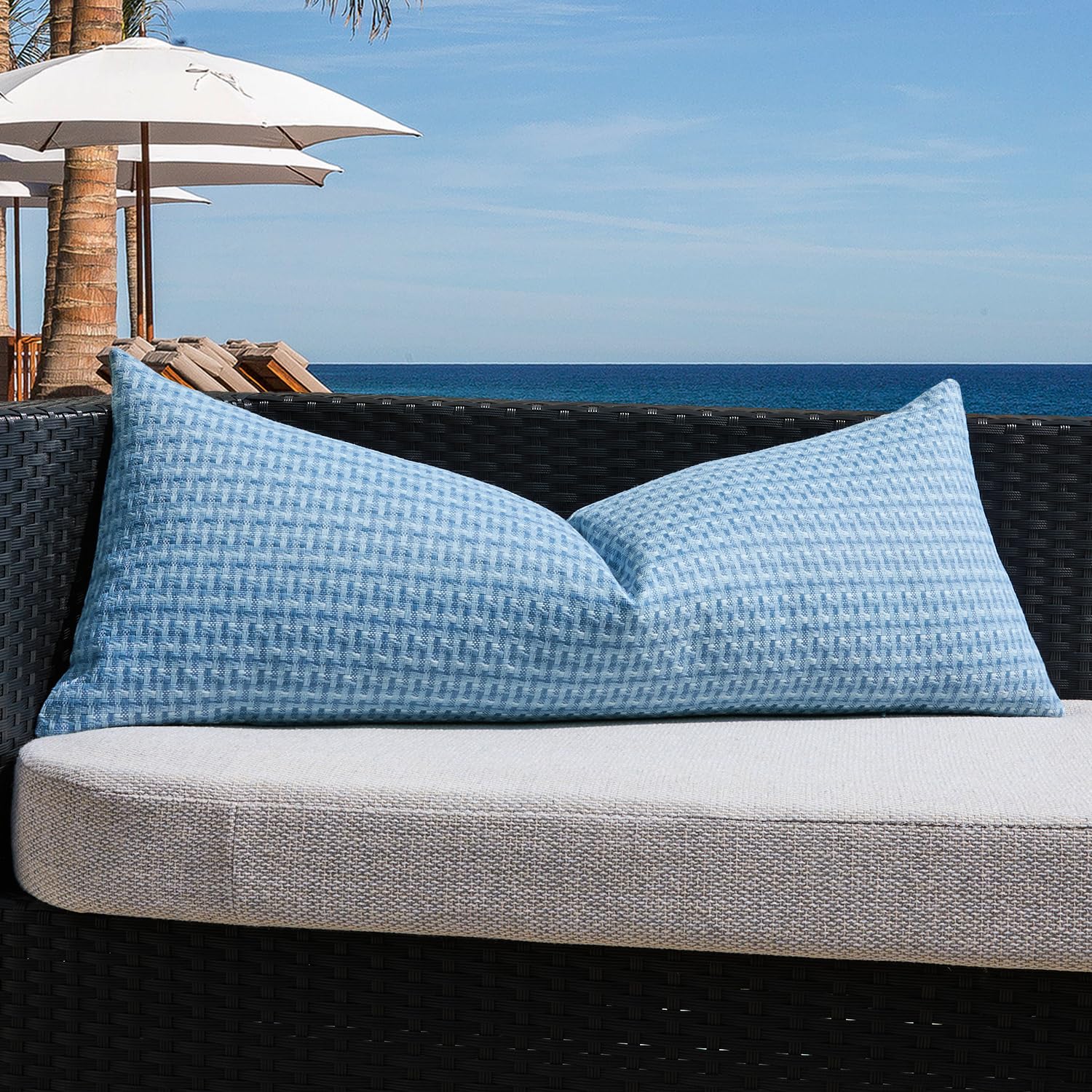 Kevin Textile Outdoor Waterproof Throw Pillow Covers Pack of 2 Weaving Texture Water Resistant Outside Decorative Cushion Covers for Garden Patio Tent Balcony Bench Couch Sofa 18x18 Inch, Navy Blue