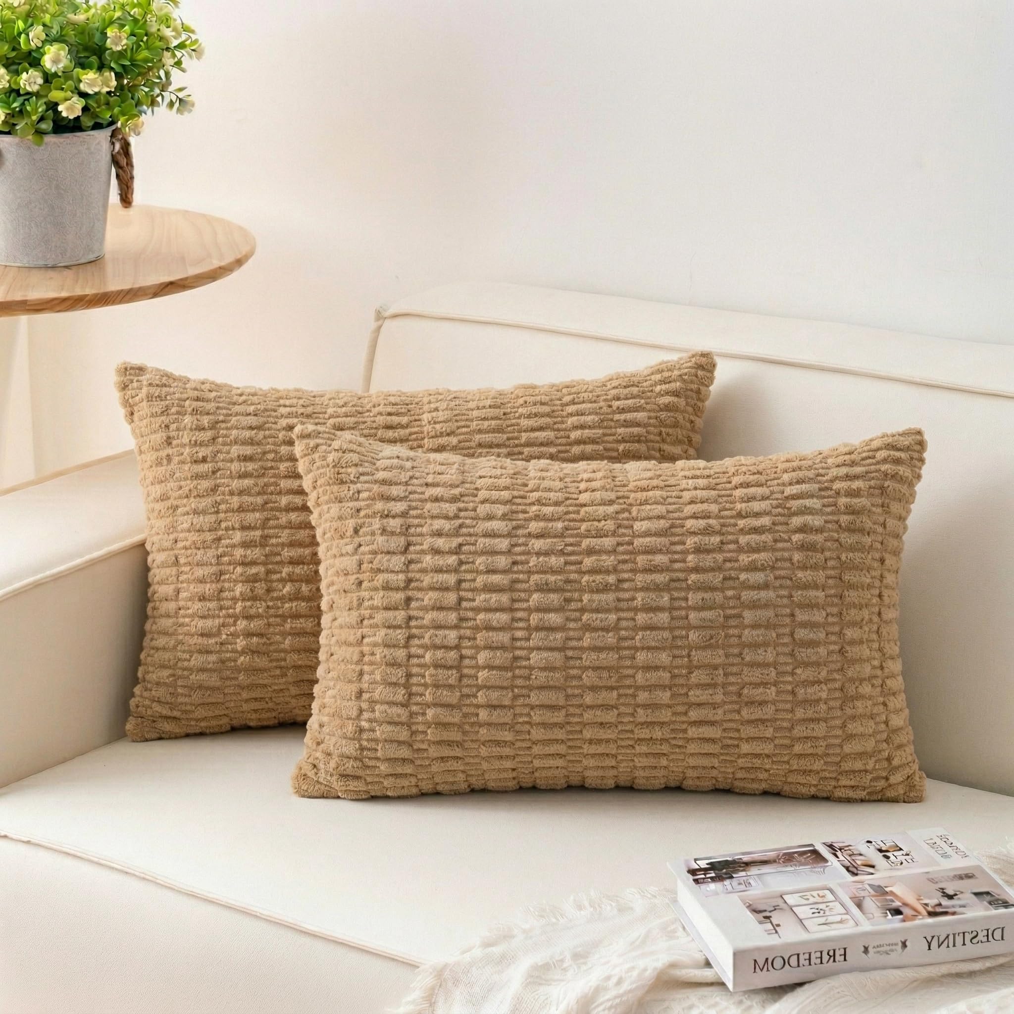 Aegero Pack of 2 Corduroy Decorative Throw Pillow Covers 18x18 Inch Soft Striped Pillow Covers Modern Farmhouse Home Decor for Sofa Living Room Couch Bed(Cream White)