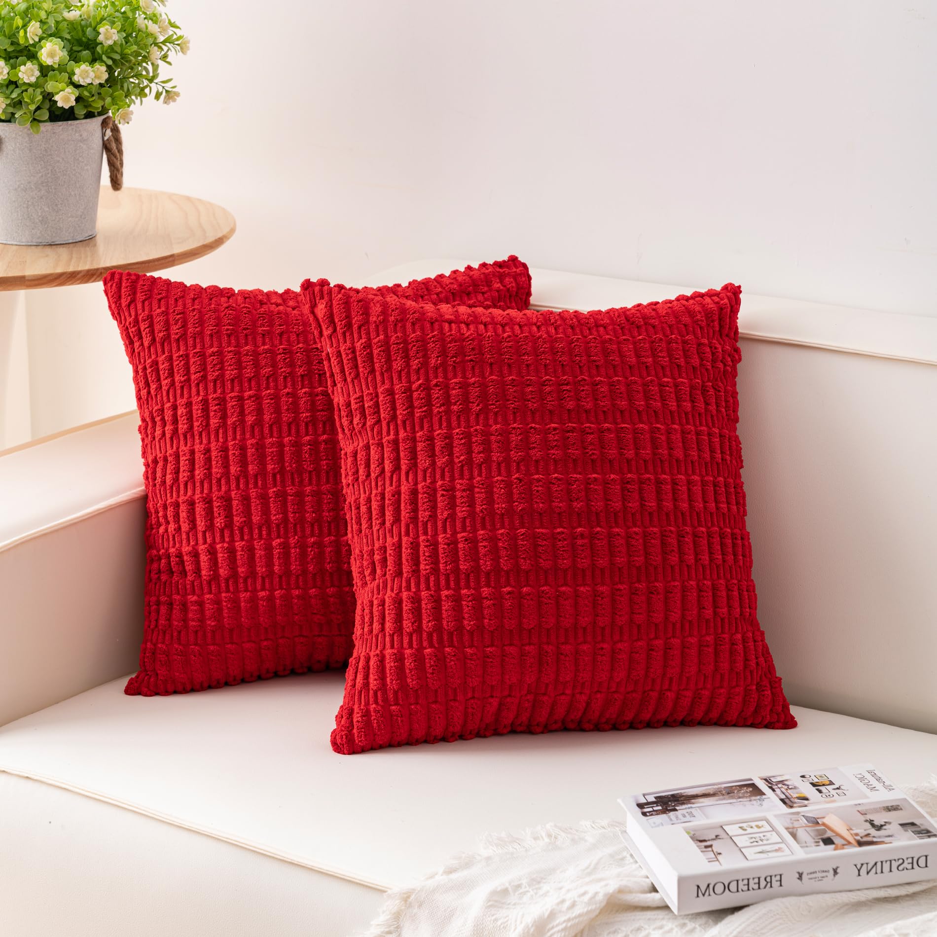 Aegero Pack of 2 Corduroy Decorative Throw Pillow Covers 18x18 Inch Soft Striped Pillow Covers Modern Farmhouse Home Decor for Sofa Living Room Couch Bed(Cream White)