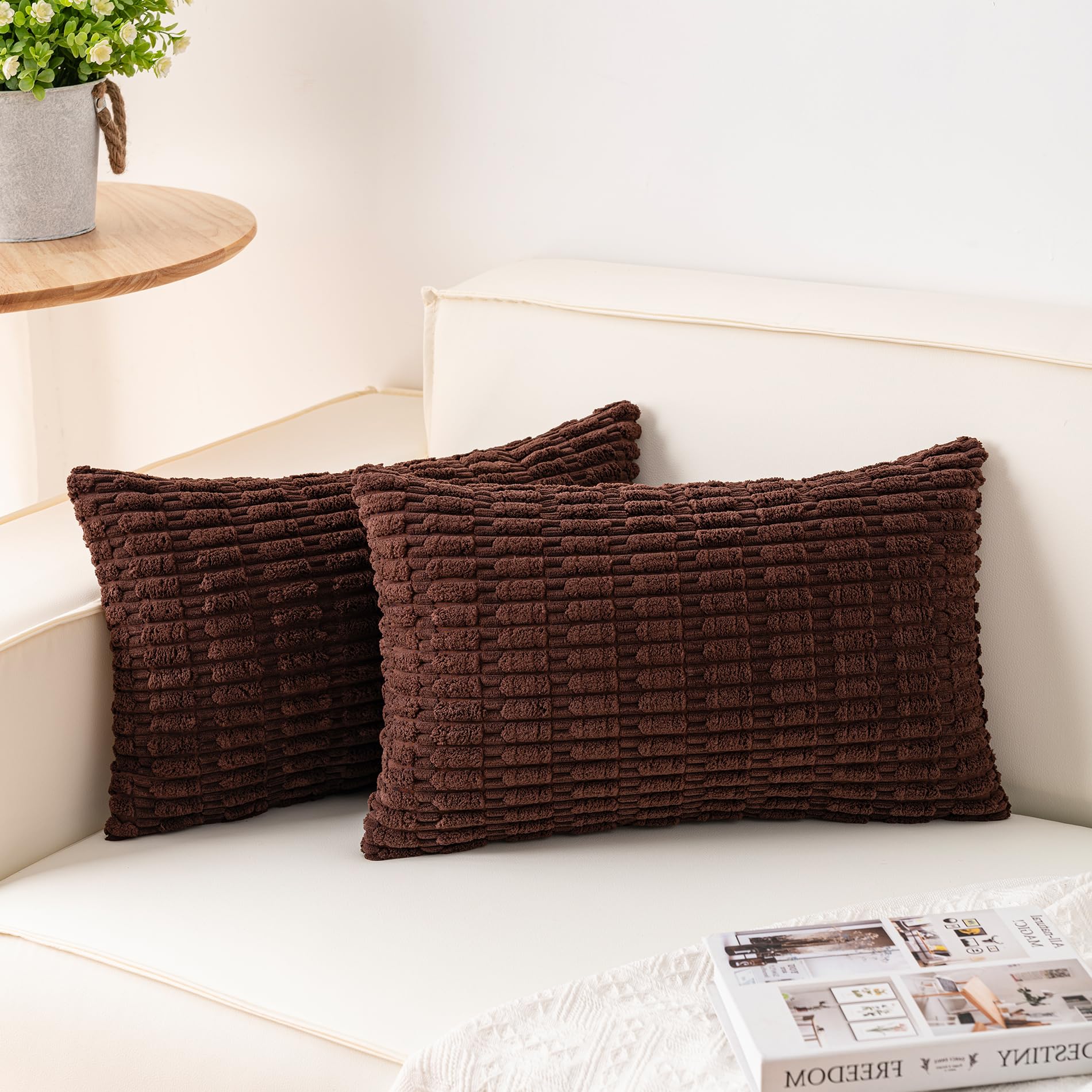 Aegero Pack of 2 Corduroy Decorative Throw Pillow Covers 18x18 Inch Soft Striped Pillow Covers Modern Farmhouse Home Decor for Sofa Living Room Couch Bed(Cream White)