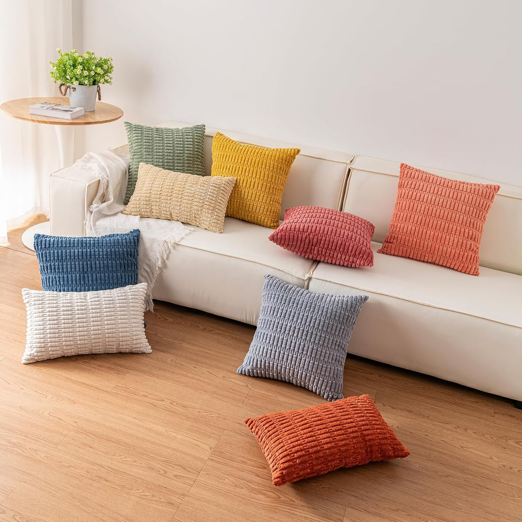 Aegero Pack of 2 Corduroy Decorative Throw Pillow Covers 18x18 Inch Soft Striped Pillow Covers Modern Farmhouse Home Decor for Sofa Living Room Couch Bed(Cream White)