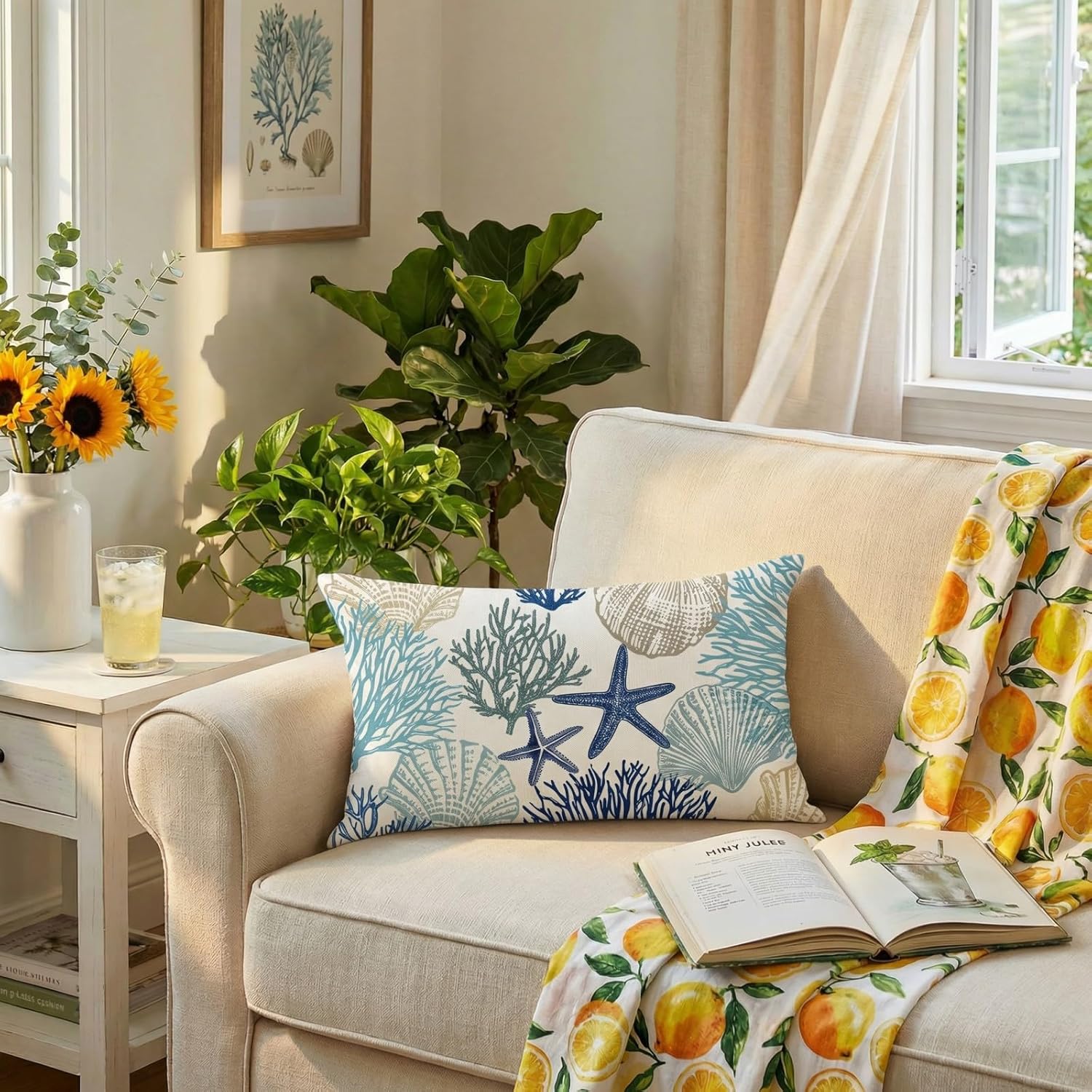 GEEORY Summer Pillow Cover 12x20 Inch - Starfish Seaweed Seashell Coastal Decor in Soft Blue, Nautical Beach Throw Pillow Case for Sofa, Couch, Living Room, Bedroom