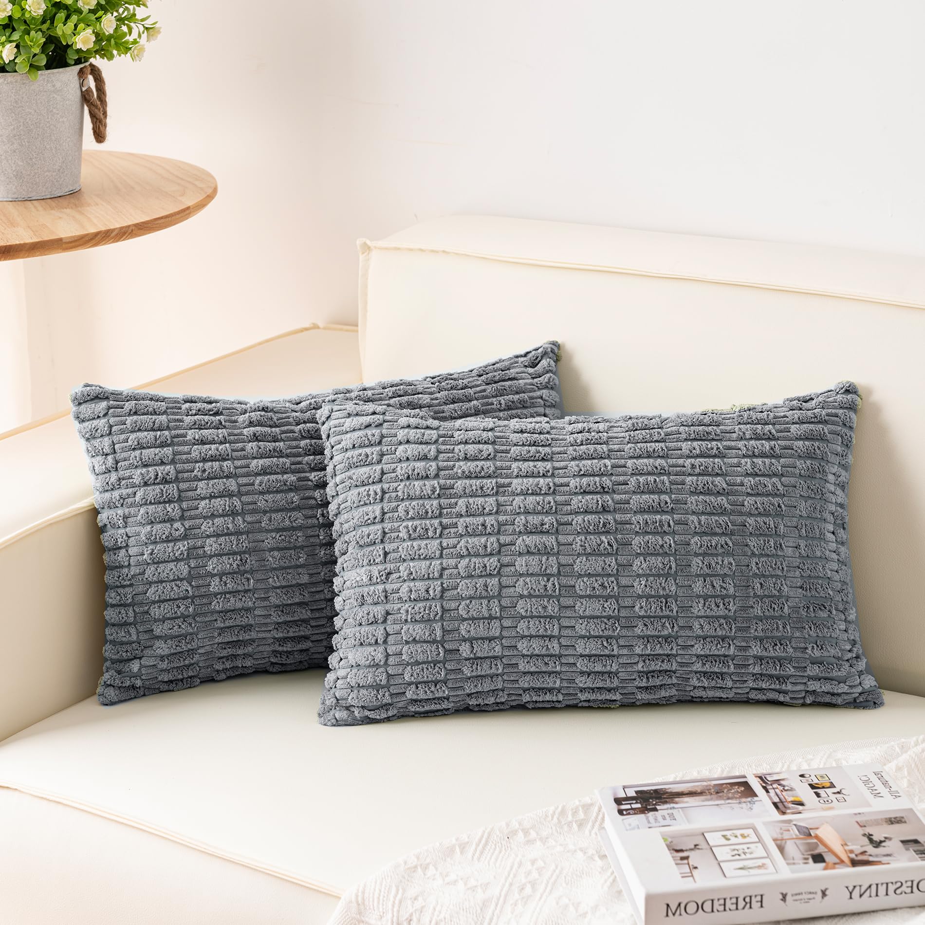 Aegero Pack of 2 Corduroy Decorative Throw Pillow Covers 18x18 Inch Soft Striped Pillow Covers Modern Farmhouse Home Decor for Sofa Living Room Couch Bed(Cream White)