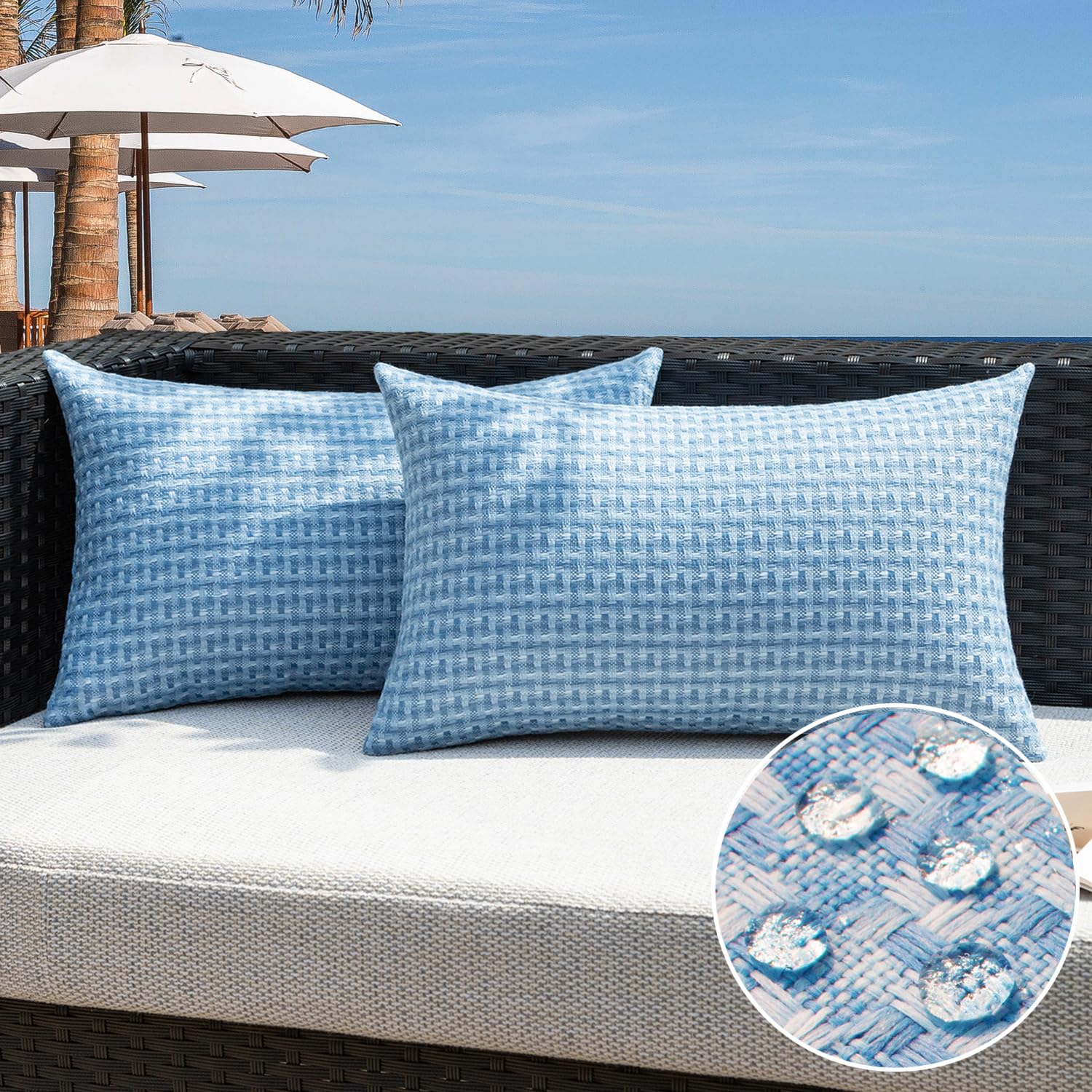 Kevin Textile Outdoor Waterproof Throw Pillow Covers Pack of 2 Weaving Texture Water Resistant Outside Decorative Cushion Covers for Garden Patio Tent Balcony Bench Couch Sofa 18x18 Inch, Navy Blue