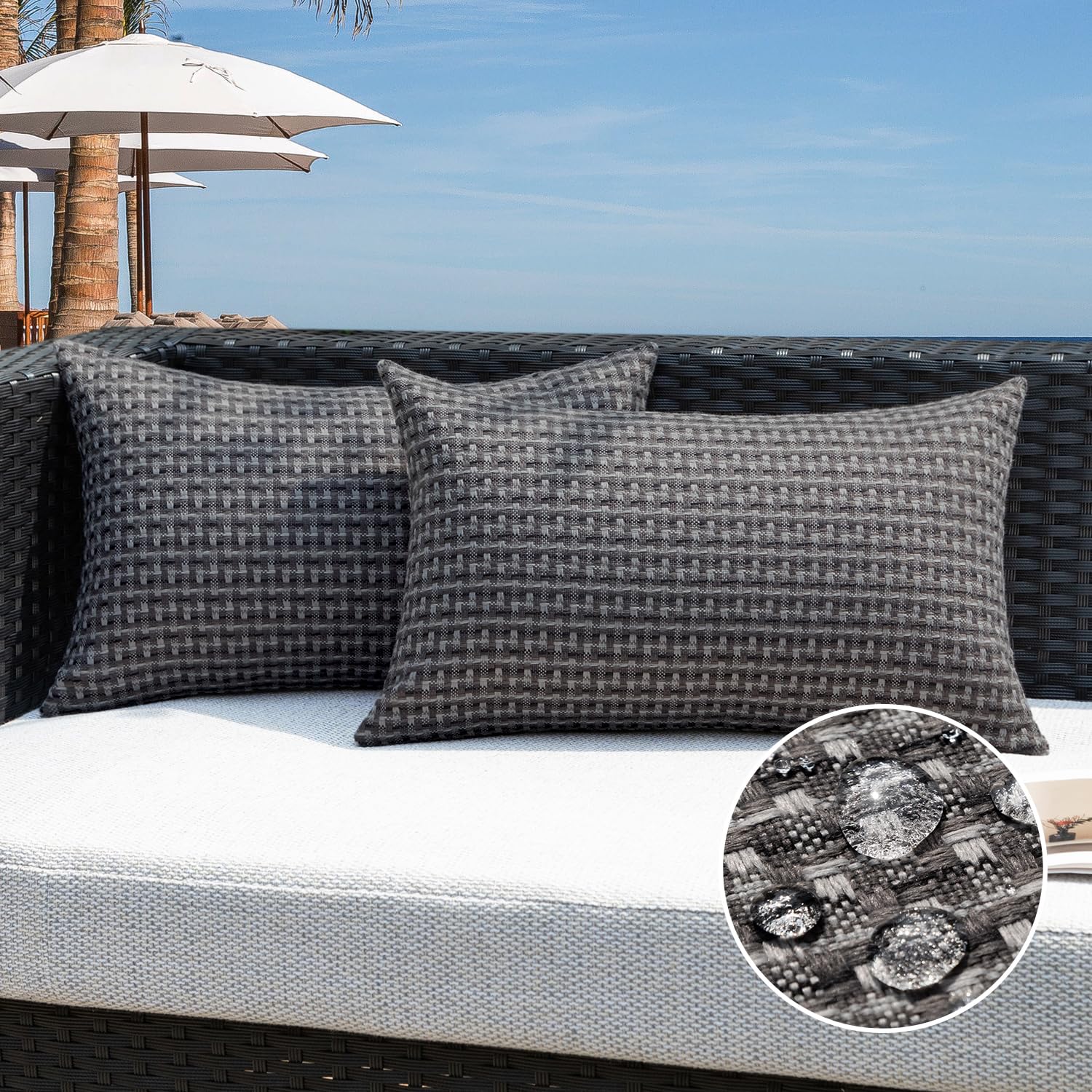 Kevin Textile Outdoor Waterproof Throw Pillow Covers Pack of 2 Weaving Texture Water Resistant Outside Decorative Cushion Covers for Garden Patio Tent Balcony Bench Couch Sofa 18x18 Inch, Navy Blue