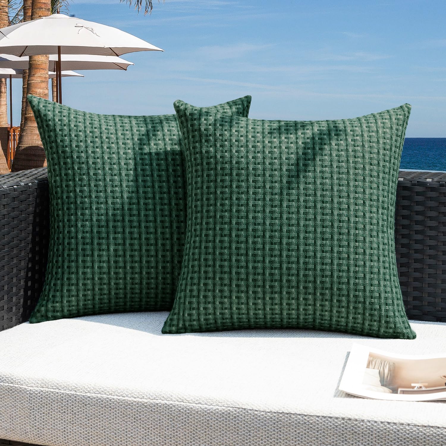 Kevin Textile Outdoor Waterproof Throw Pillow Covers Pack of 2 Weaving Texture Water Resistant Outside Decorative Cushion Covers for Garden Patio Tent Balcony Bench Couch Sofa 18x18 Inch, Navy Blue