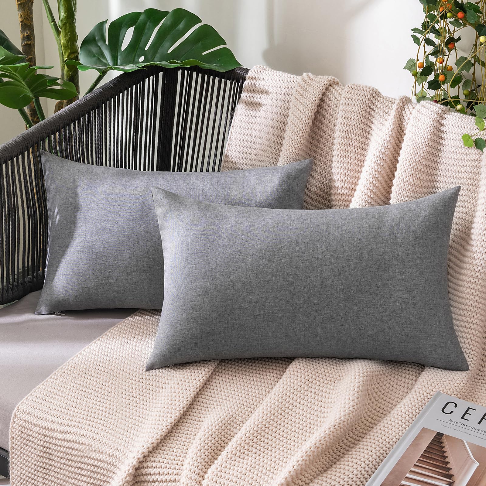 MIULEE Pack of 2 Decorative Outdoor Solid Waterproof Throw Pillow Covers Faux Linen Garden Farmhouse Cushion Cases for Summer Patio Tent Balcony Couch Sofa 18x18 Inch Navy