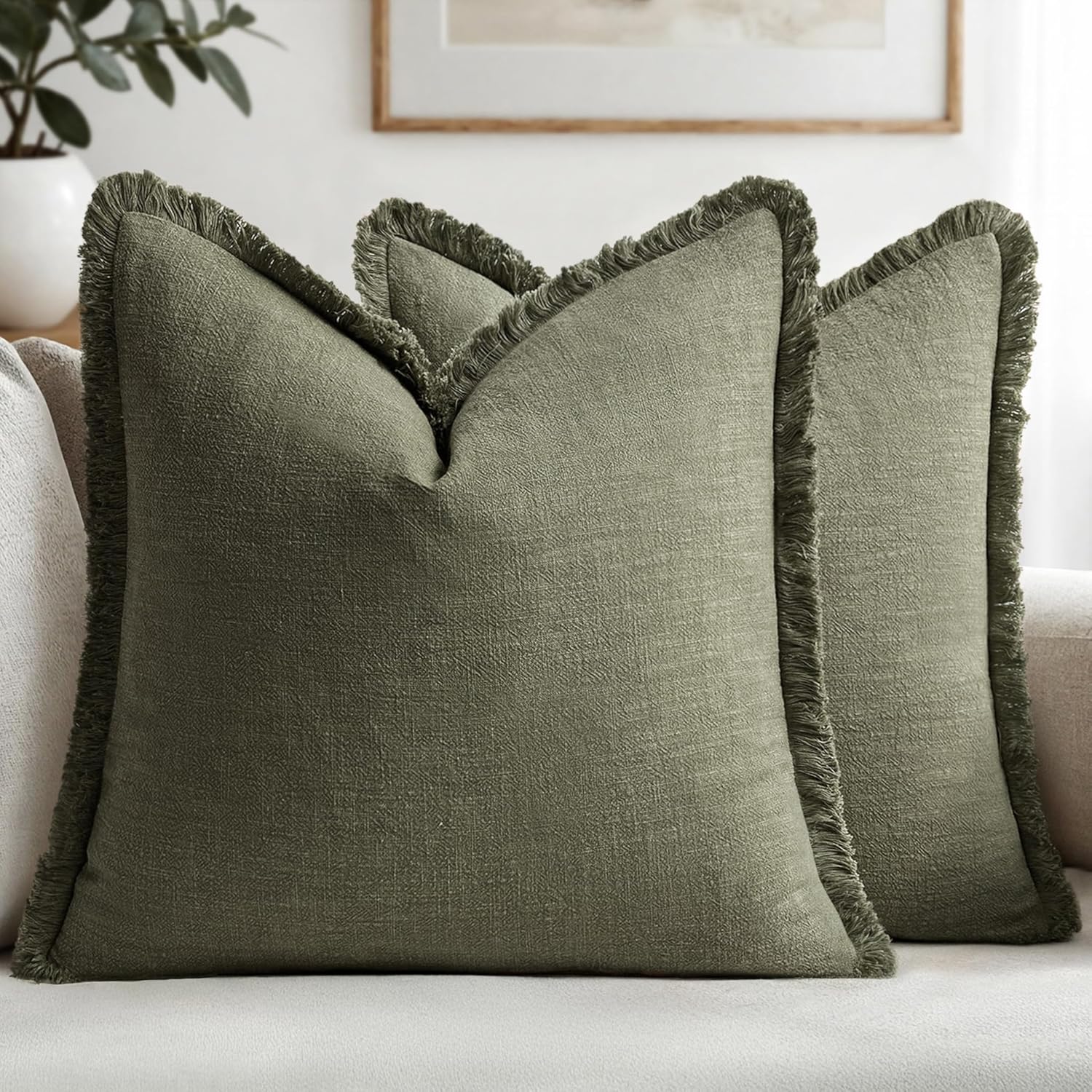 MIULEE Decorative Throw Pillow Covers Neutral Linen Fringe Throw Pillows Set of 2 Olive Green Boho Farmhouse Cushion Covers with Tassels for Couch Sofa Bed Living Room Spring Home Decor 20x20 Inch