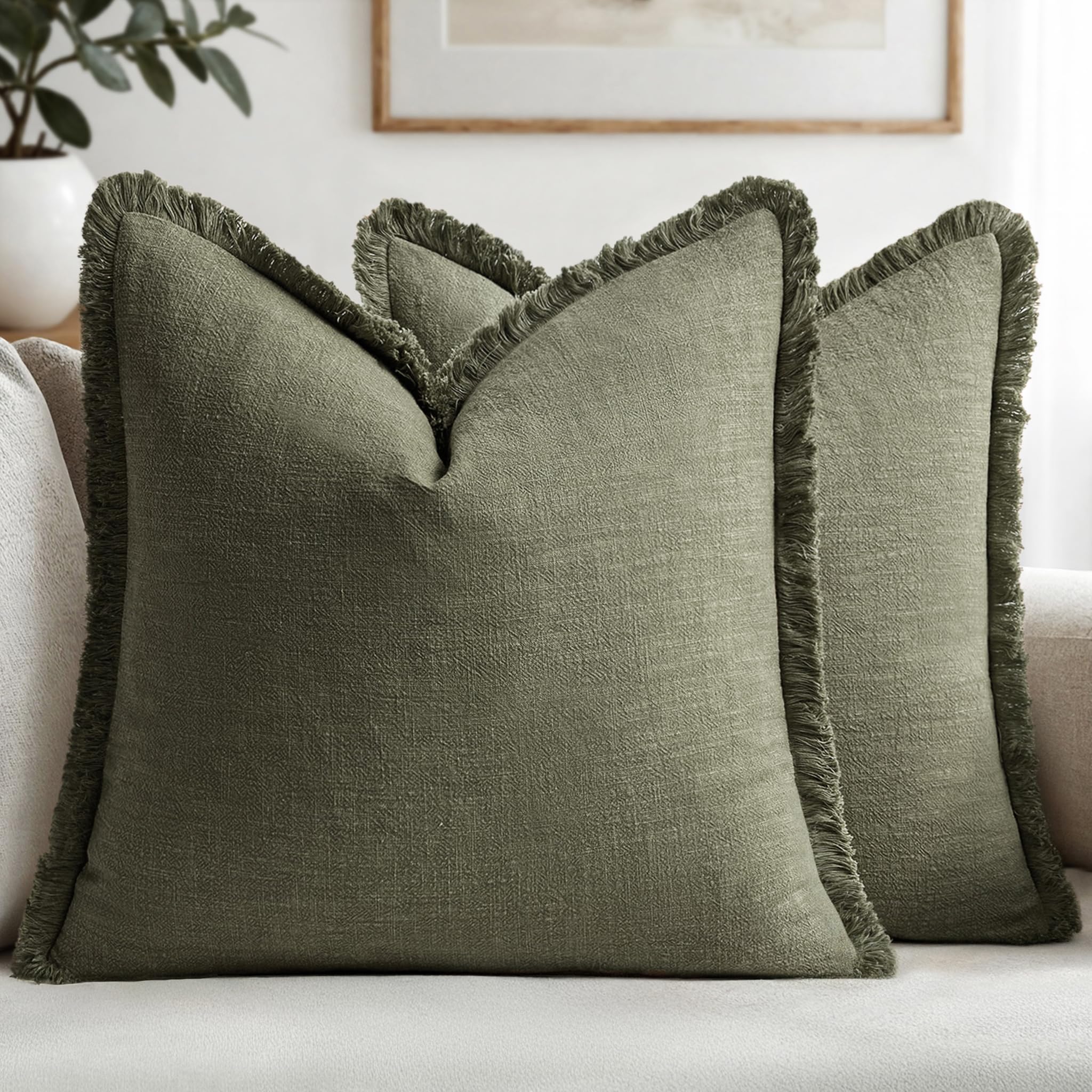 MIULEE Decorative Throw Pillow Covers Neutral Linen Fringe Throw Pillows Set of 2 Olive Green Boho Farmhouse Cushion Covers with Tassels for Couch Sofa Bed Living Room Spring Home Decor 20x20 Inch
