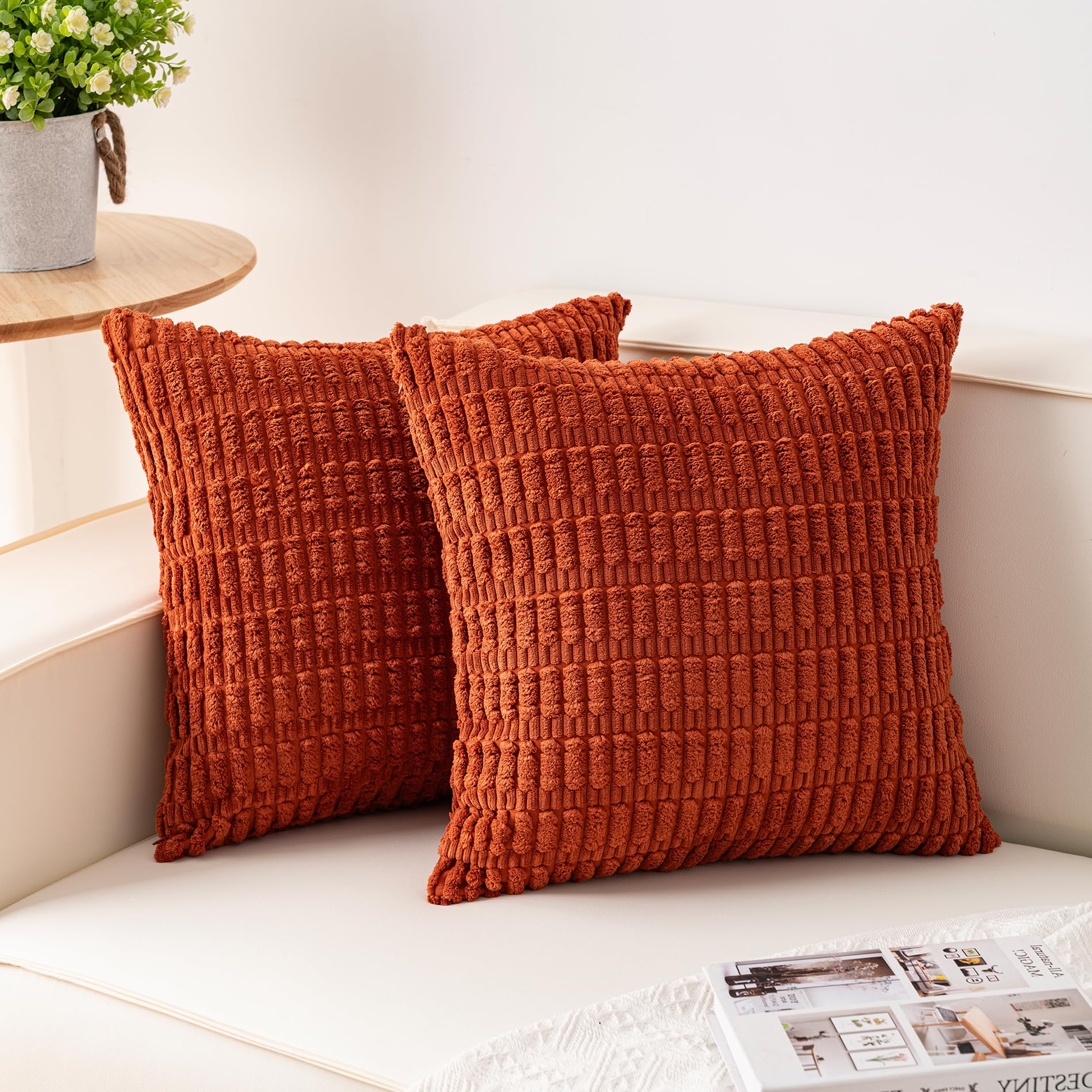 Aegero Pack of 2 Corduroy Decorative Throw Pillow Covers 18x18 Inch Soft Striped Pillow Covers Modern Farmhouse Home Decor for Sofa Living Room Couch Bed(Cream White)