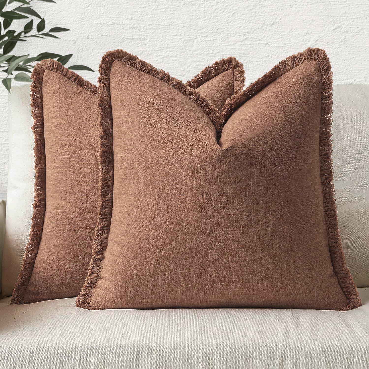 MIULEE Decorative Throw Pillow Covers Neutral Linen Fringe Throw Pillows Set of 2 Olive Green Boho Farmhouse Cushion Covers with Tassels for Couch Sofa Bed Living Room Spring Home Decor 20x20 Inch