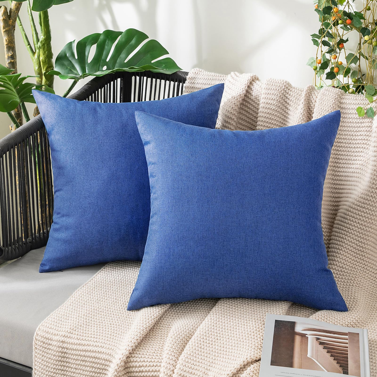 MIULEE Pack of 2 Decorative Outdoor Solid Waterproof Throw Pillow Covers Faux Linen Garden Farmhouse Cushion Cases for Summer Patio Tent Balcony Couch Sofa 18x18 Inch Navy