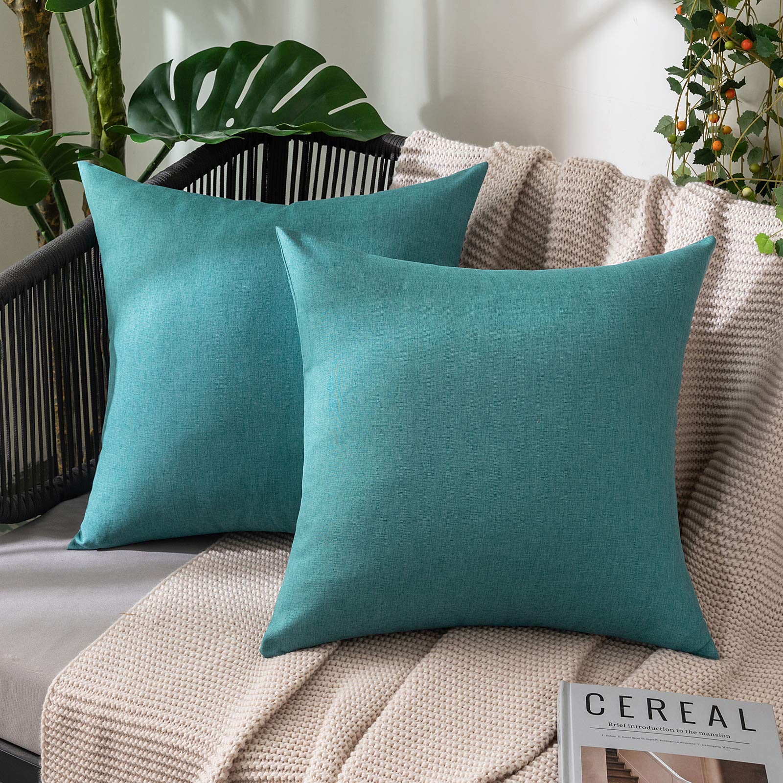 MIULEE Pack of 2 Decorative Outdoor Solid Waterproof Throw Pillow Covers Faux Linen Garden Farmhouse Cushion Cases for Summer Patio Tent Balcony Couch Sofa 18x18 Inch Navy