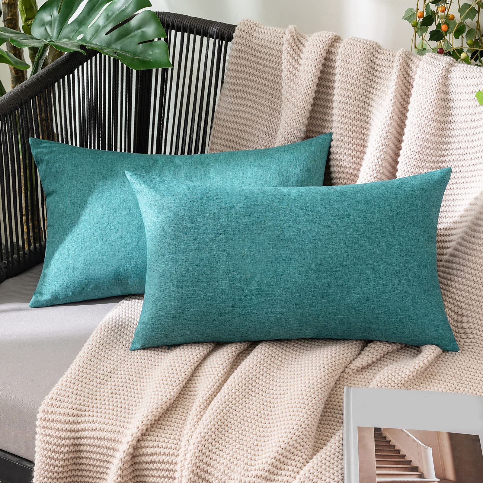 MIULEE Pack of 2 Decorative Outdoor Solid Waterproof Throw Pillow Covers Faux Linen Garden Farmhouse Cushion Cases for Summer Patio Tent Balcony Couch Sofa 18x18 Inch Navy