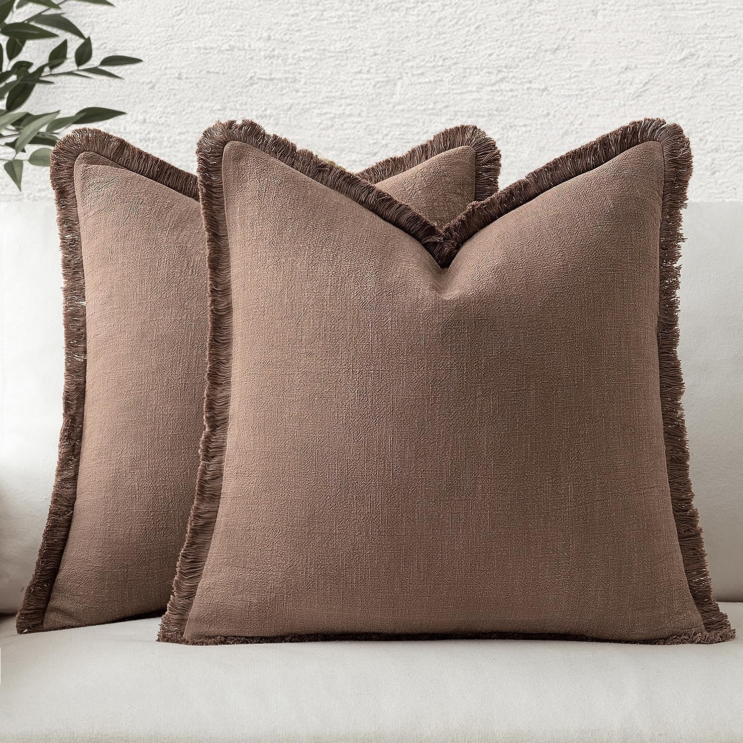 MIULEE Decorative Throw Pillow Covers Neutral Linen Fringe Throw Pillows Set of 2 Olive Green Boho Farmhouse Cushion Covers with Tassels for Couch Sofa Bed Living Room Spring Home Decor 20x20 Inch