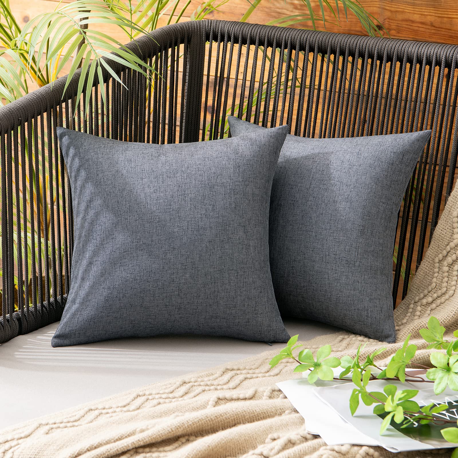 MIULEE Pack of 2 Decorative Outdoor Solid Waterproof Throw Pillow Covers Faux Linen Garden Farmhouse Cushion Cases for Summer Patio Tent Balcony Couch Sofa 18x18 Inch Navy
