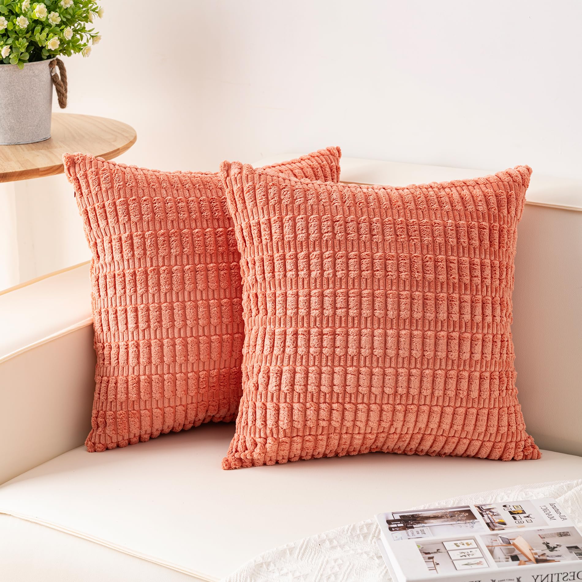Aegero Pack of 2 Corduroy Decorative Throw Pillow Covers 18x18 Inch Soft Striped Pillow Covers Modern Farmhouse Home Decor for Sofa Living Room Couch Bed(Cream White)