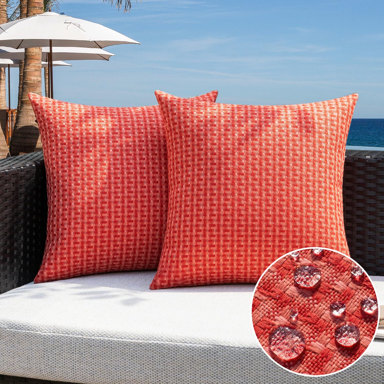 Kevin Textile Outdoor Waterproof Throw Pillow Covers Pack of 2 Weaving Texture Water Resistant Outside Decorative Cushion Covers for Garden Patio Tent Balcony Bench Couch Sofa 18x18 Inch, Navy Blue
