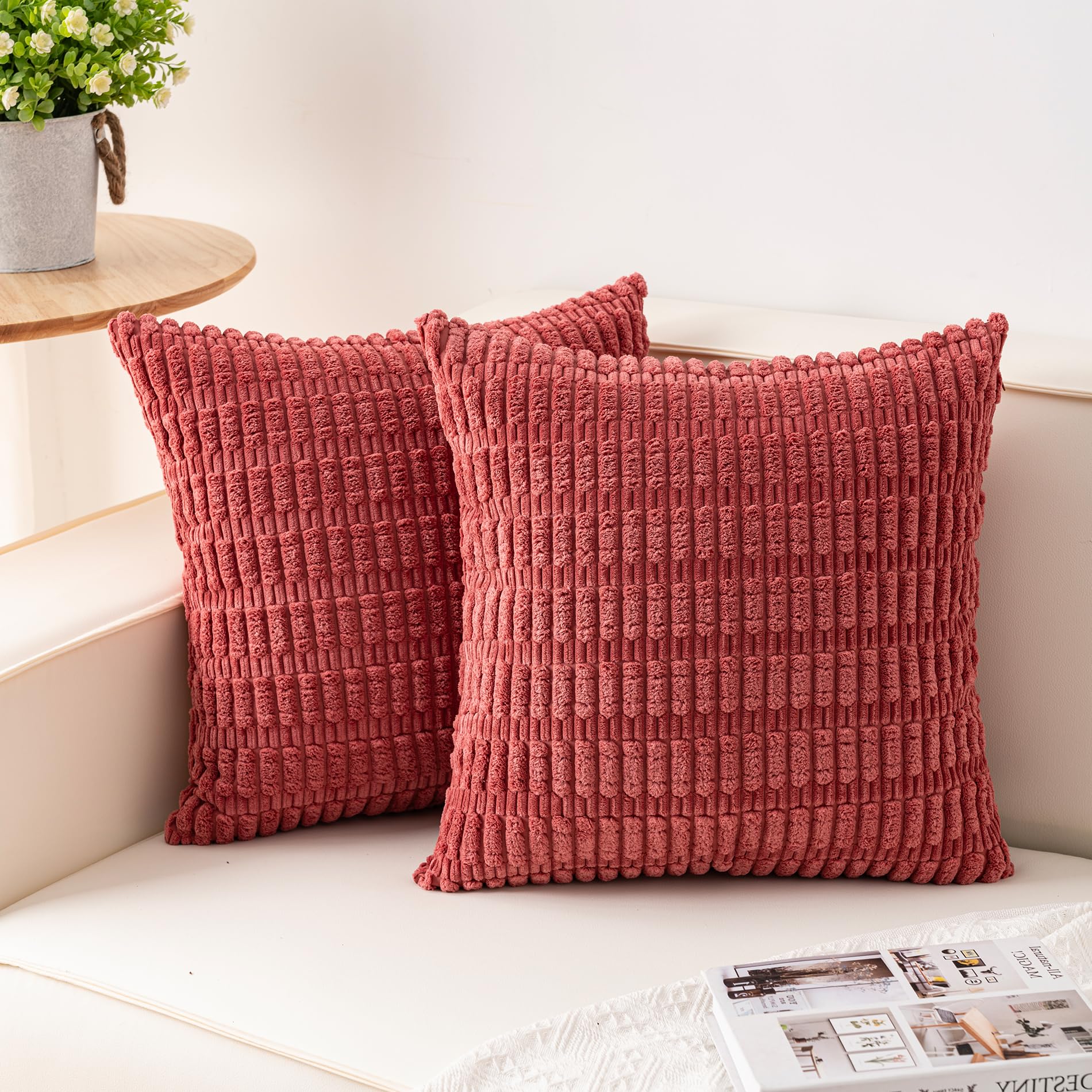 Aegero Pack of 2 Corduroy Decorative Throw Pillow Covers 18x18 Inch Soft Striped Pillow Covers Modern Farmhouse Home Decor for Sofa Living Room Couch Bed(Cream White)